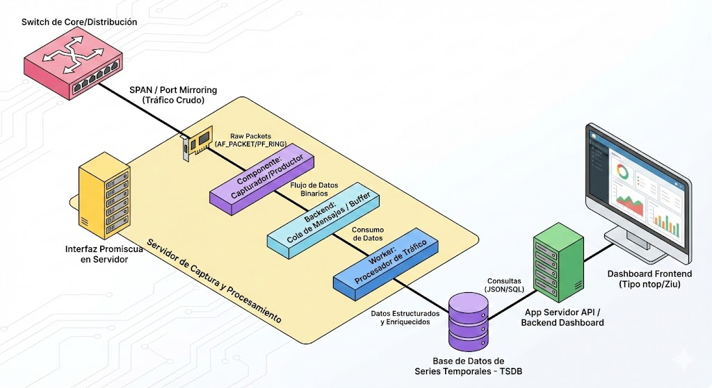 Arquitectura Netlumen: captura SPAN, análisis y dashboards on-premise
